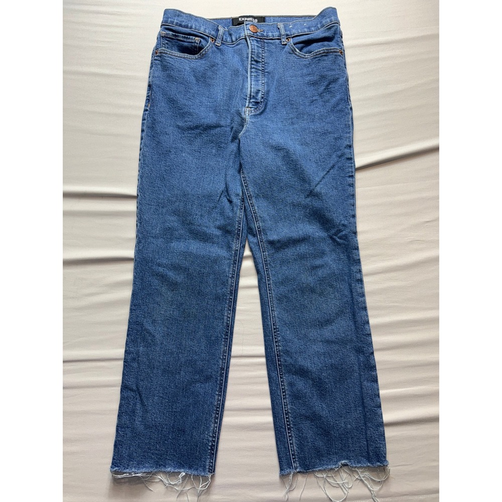 Express Original Straight Super High Rise Jeans Blue Raw Hem Women 12P 12 Petite